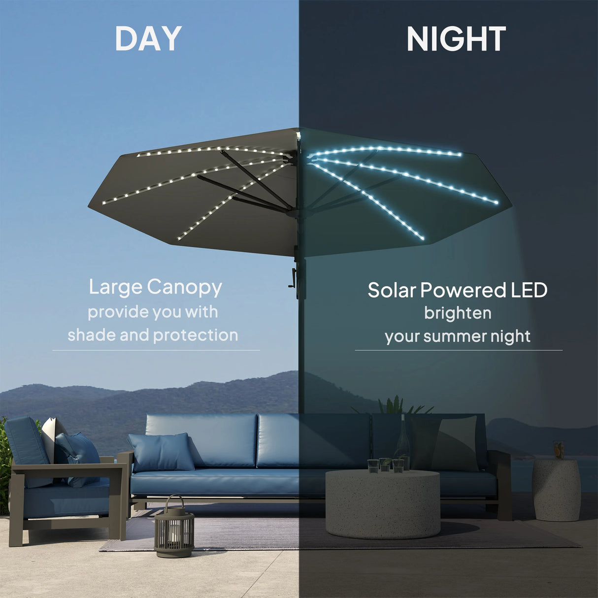Outsunny 3(m) Cantilever Garden Parasol with Solar Powered Lights, Crank Handle & Cross Base, UPF 50+, 360 Rotation, Dark Grey
