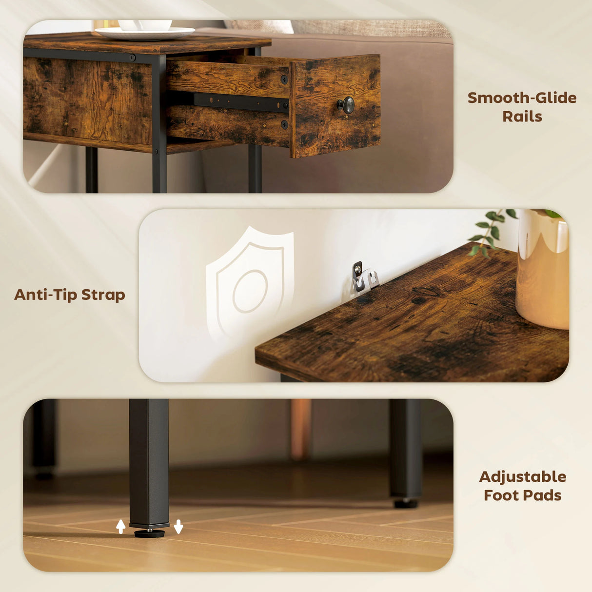 HOMCOM Narrow Side Table with Drawer and Storage Shelf - Rustic Brown