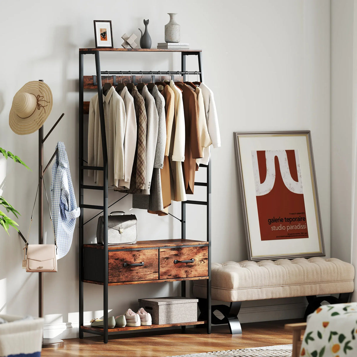 HOMCOM 6-in-1 Industrial-Style Hallway Organiser - Brown/Black