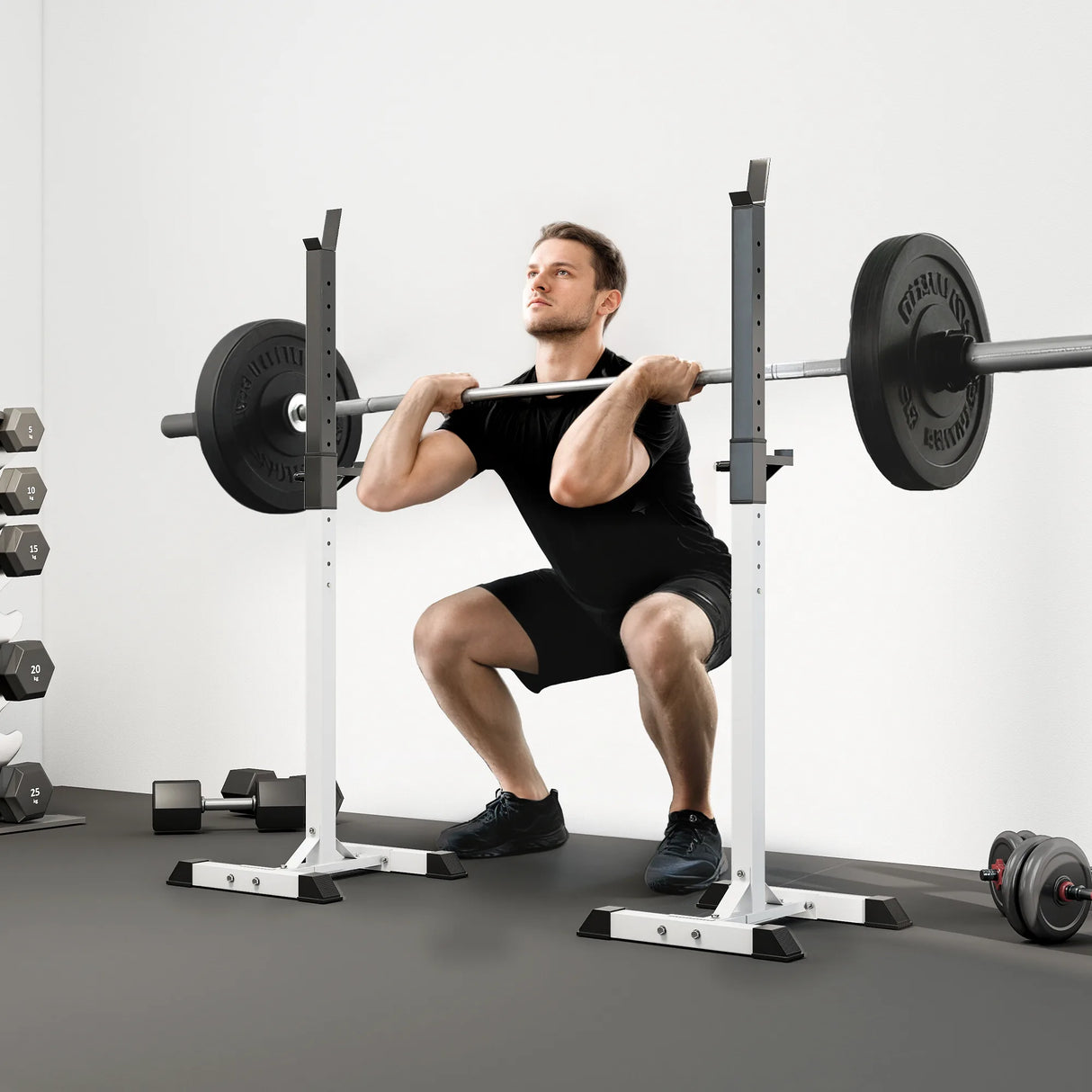 HOMCOM Heavy Duty Weight Bar Barbell Squat Stand Barbell Rack Spotter, for Home, Gym - Black