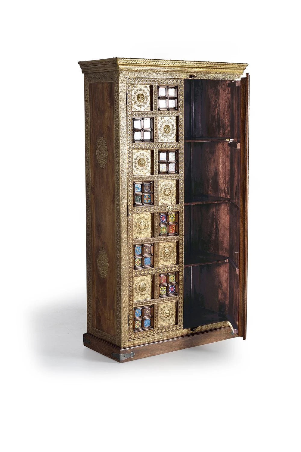 Giner and Colomer - 2-Door Acacia Wood Cabinet With Bronze & Ceramic Door Details