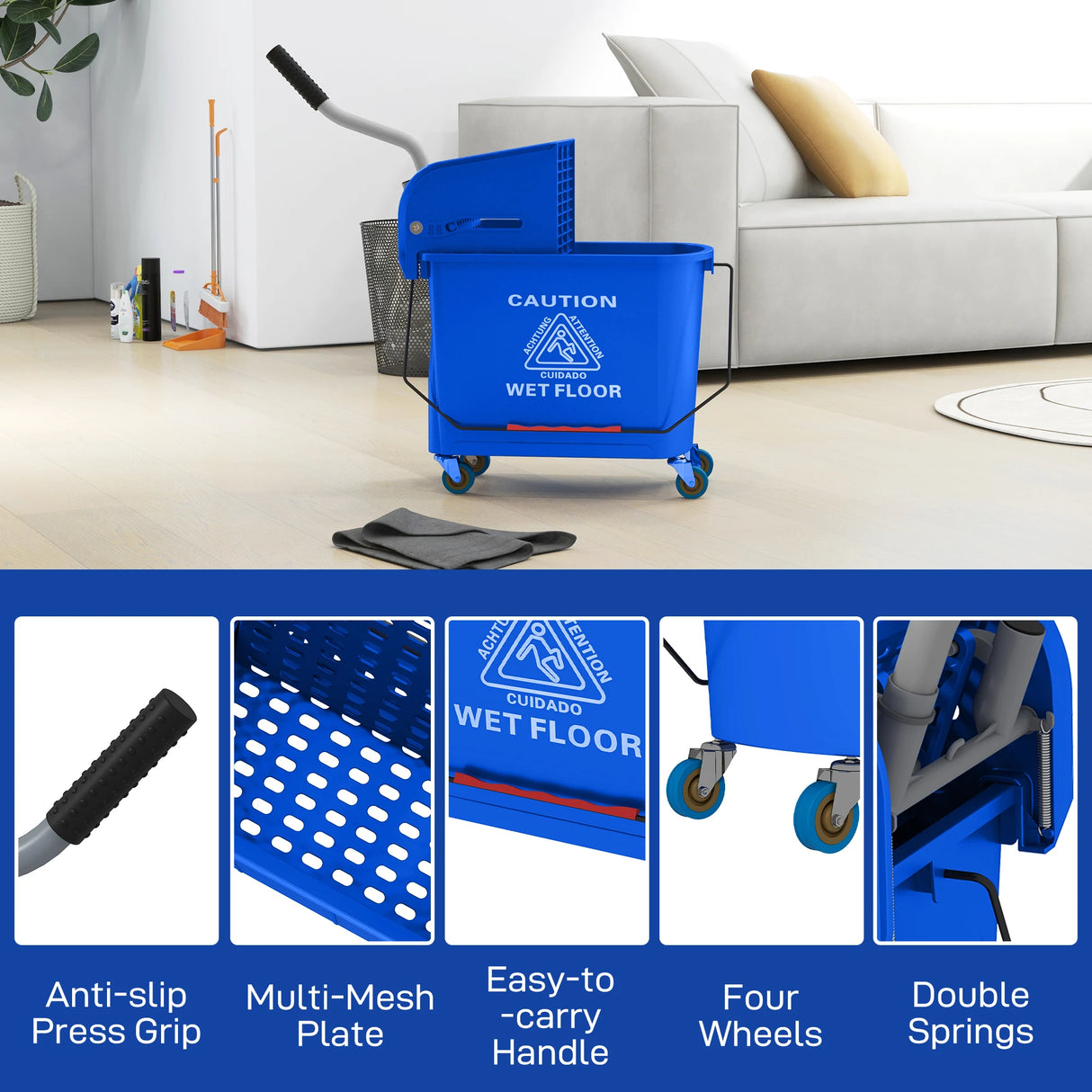 HOMCOM 20L Compact Mop Bucket on Wheels, with Water Separation Panel - Blue