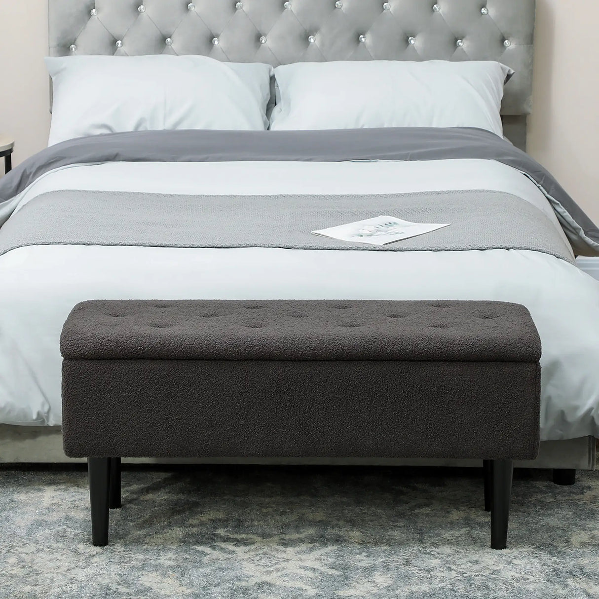 HOMCOM 57L Teddy Fleece Storage Ottoman - Dark Grey