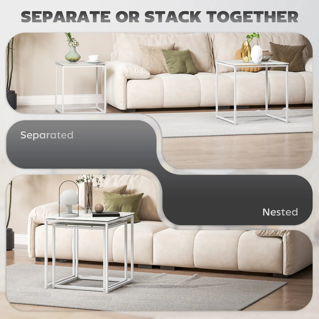 HOMCOM Nest of Tables, Set of 2 Coffee Table, Side Tables with Tempered Glass Desktop and Metal Frame for Living Room, Bedroom, Office, White