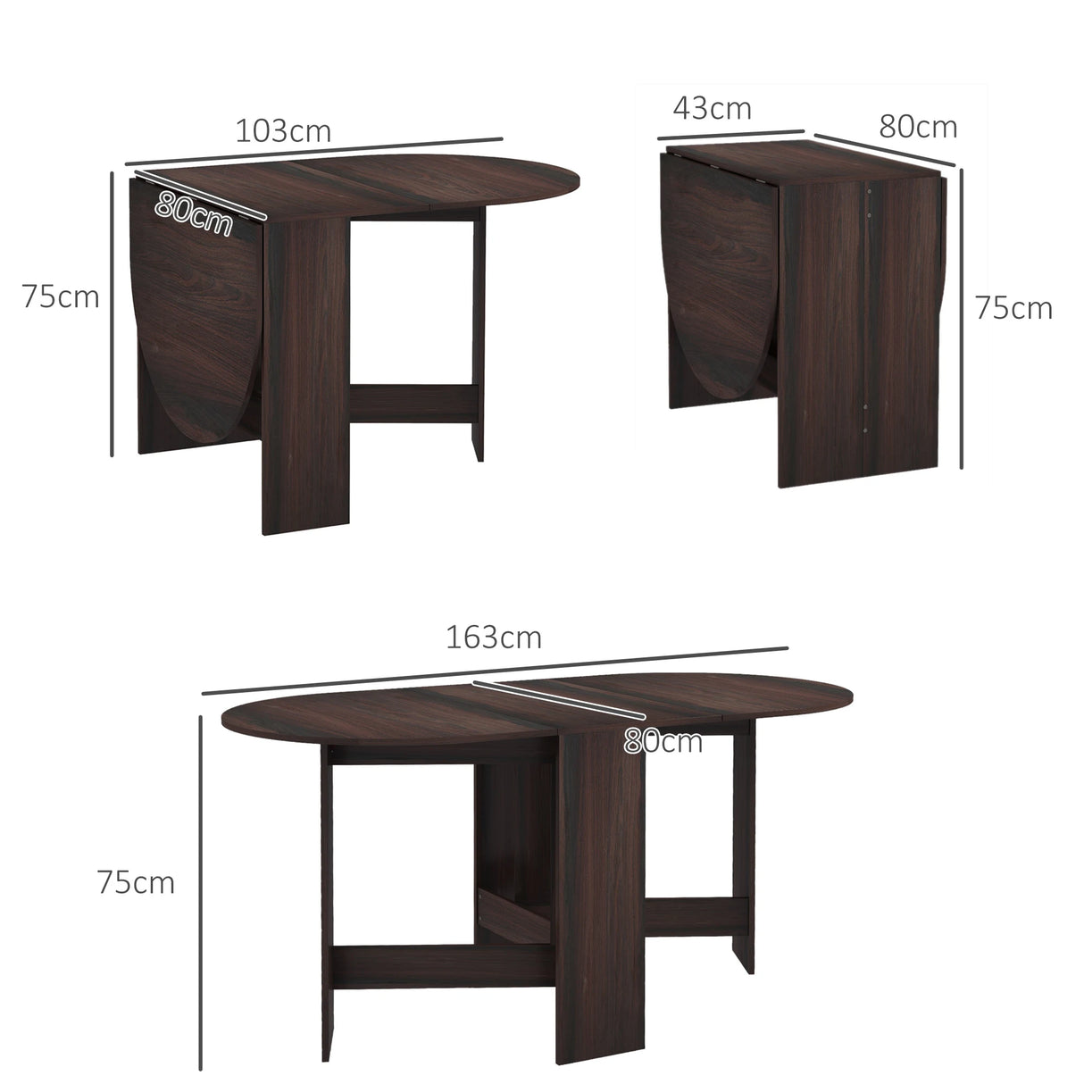 HOMCOM Folding Dining Table, Drop Leaf Table for Small Spaces, Oval Tabletop for Dining Room, Chocolate Wood Effect