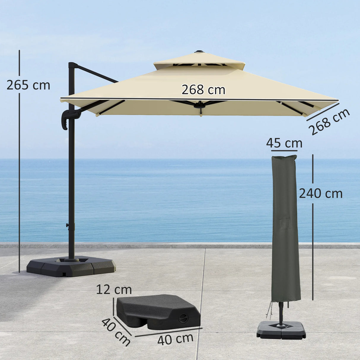 Outsunny 2.7 x 2.7 m Cantilever Parasol with Aluminium Frame, Crank and Tilt, 360-Degree Rotation, Double Top Garden Umbrella with Base and Cover, Khaki