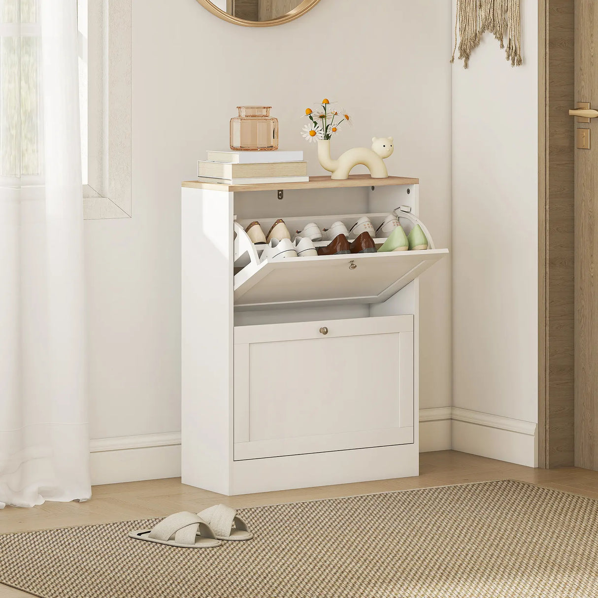 HOMCOM Two Flip Drawer Shoe Cabinet - White