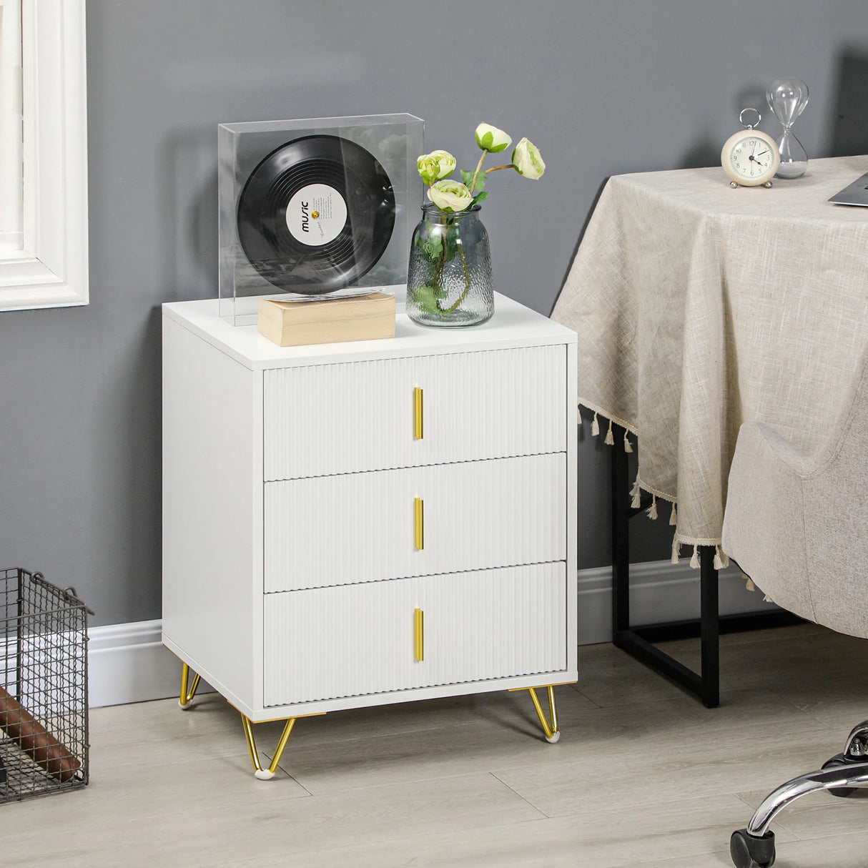 HOMCOM Set of 2 Elegant Chest of Three Drawers - White/Gold-Tone