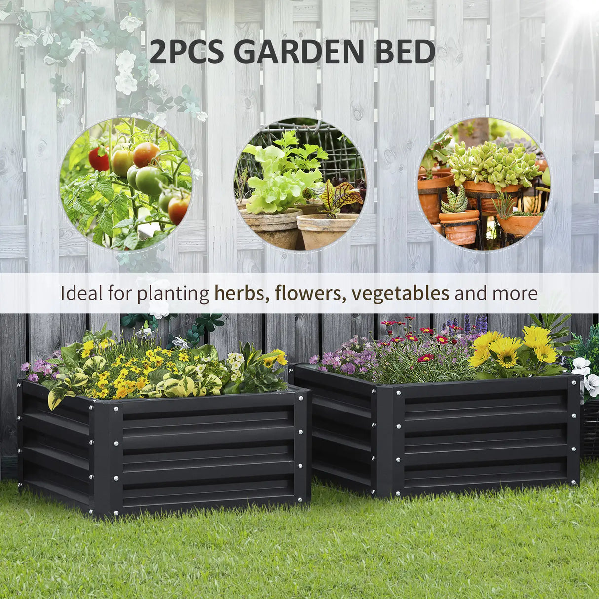 Outsunny Set of Two 60 x 60cm Steel Planter Boxes - Grey