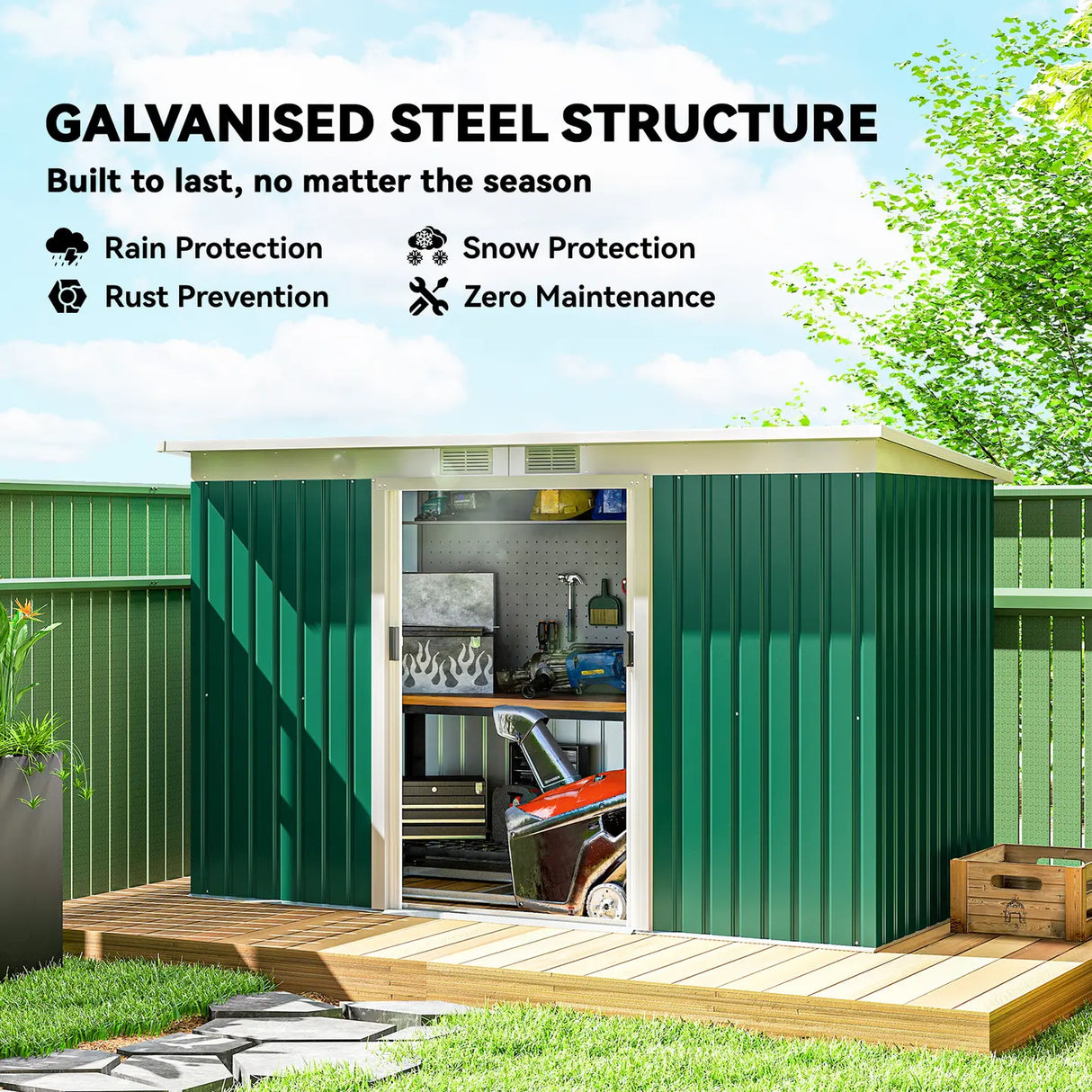 Outsunny 9ft x 4ft Metal Garden Shed, Outdoor Tool House with Foundation Kit, Ventilations and Double Doors, Deep Green