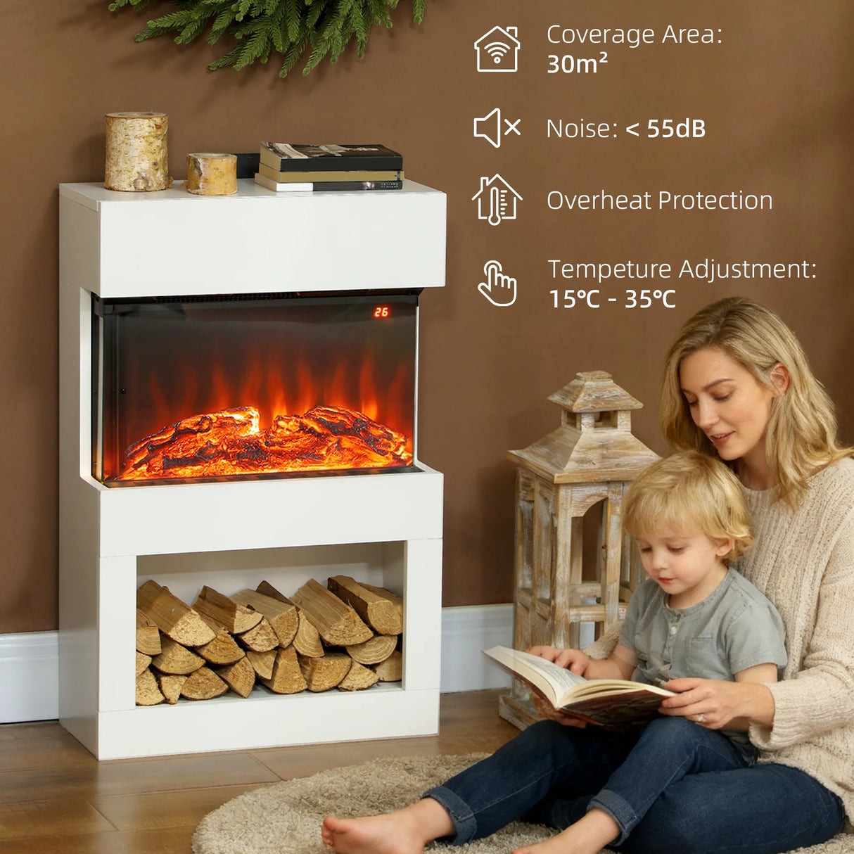 HOMCOM Electric Fireplace with 3D Flame Effect, 6 Colours & 3 Brightness Levels, 1000W/2000W White Electric Fire and Mantel Reach up to 30m2 Space with Remote & Timer, 3 Sided View for Living Room