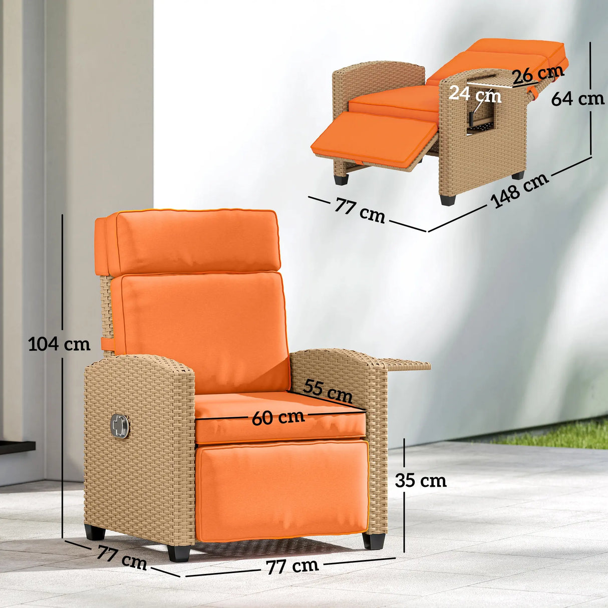 Outsunny 145 Reclining Rattan Armchair, with Footrest - Khaki/Orange