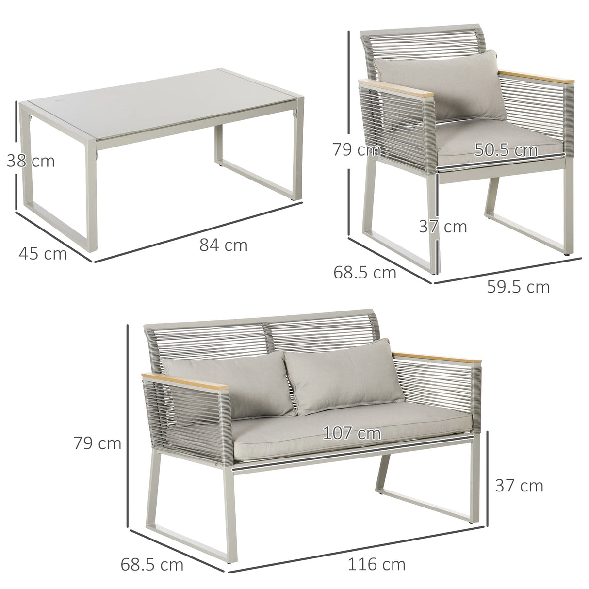 Outsunny 4 Pieces Rattan Garden Furniture Set - Grey