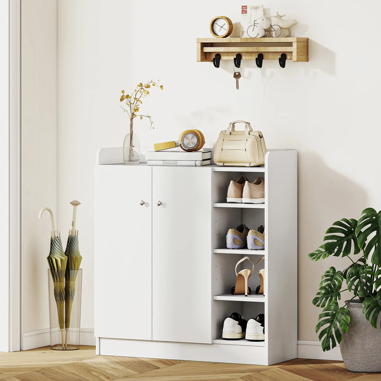 HOMCOM Shoe Storage Cabinet Two Doors w/ Adjustable 4 Shelves Cupboard Footwear Rack Stand Organiser Hallway White