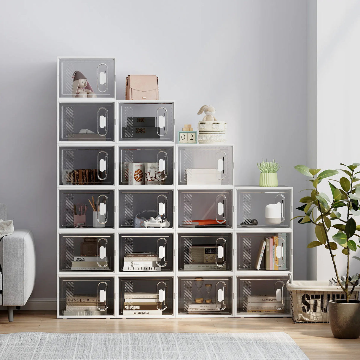 HOMCOM 18PCS Clear Shoe Box, Plastic Stackable Shoe Storage Box for UK/EU Size up to 12/46 with Magnetic Door for Women/Men, 28 x 36 x 21 cm