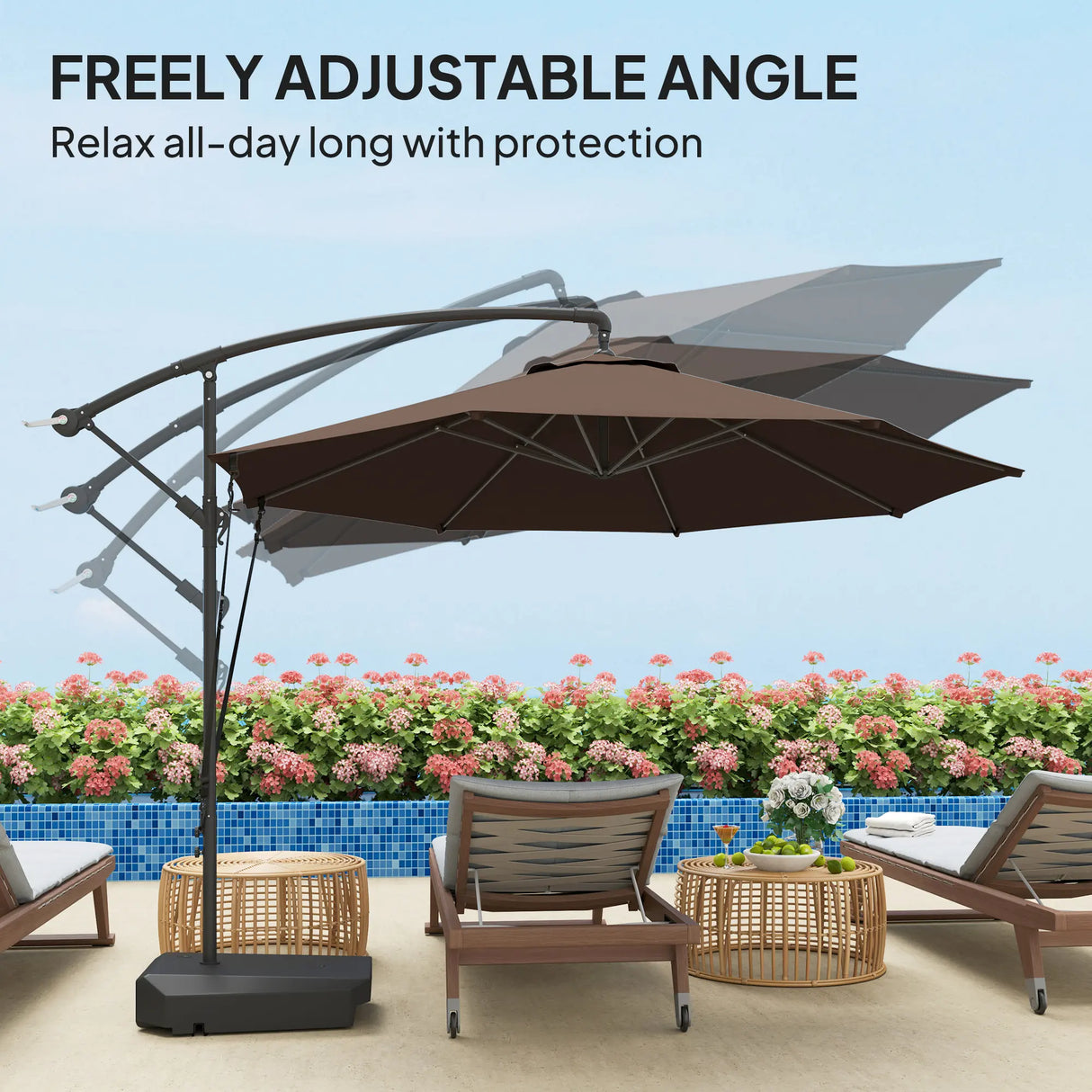 Outsunny 3(m) Garden Cantilever Parasol with Fillable Base up to 90kg, Wind Protection Strap, Cover, Round Banana Hanging Umbrella with Crank Handle and Tilt, UPF50+ Patio Umbrella, Brown