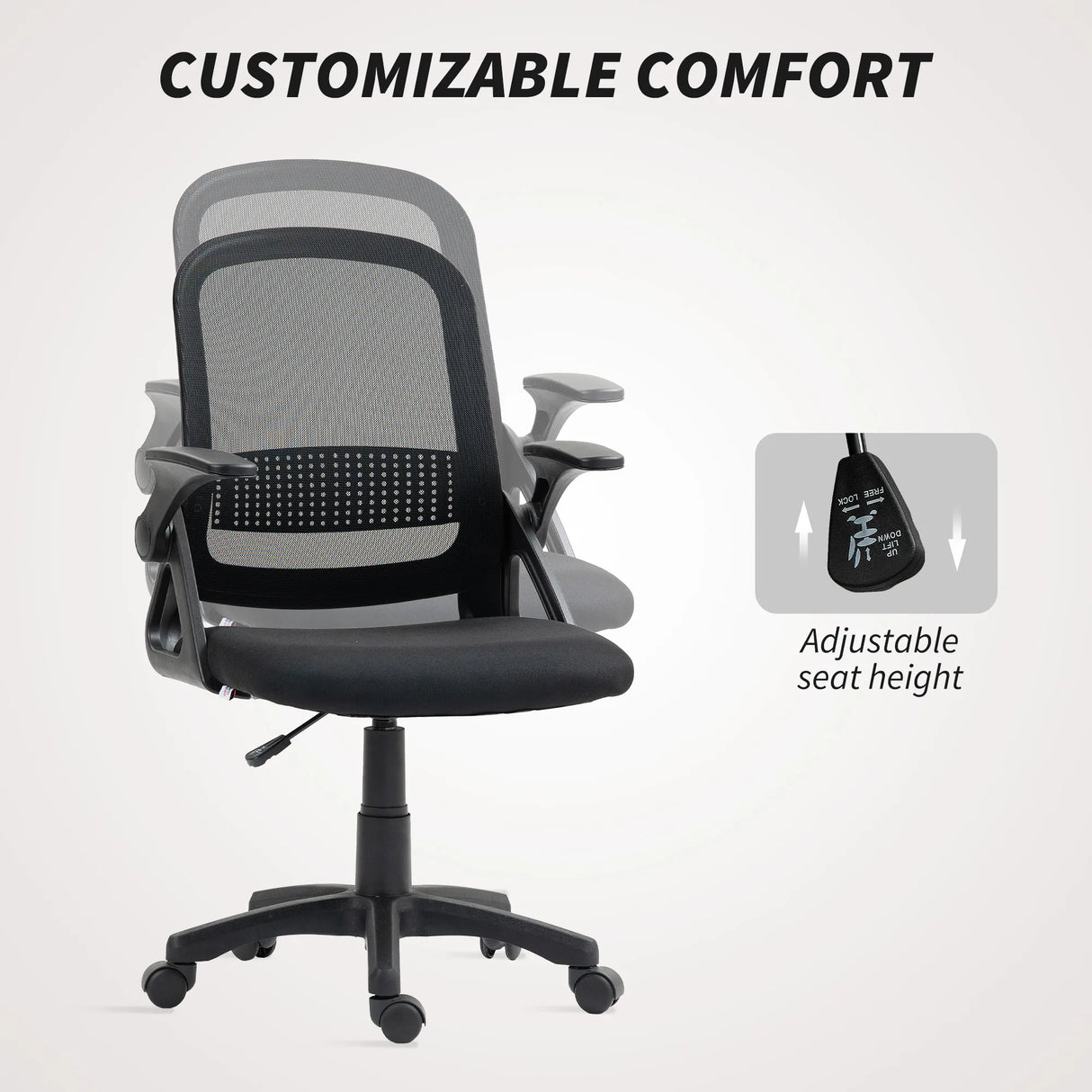 HOMCOM Breathable Mesh Office Chair, Ergonomic Swivel Computer Chair with Flip-up Armrests, Lumbar Back Support for Home/Office, Black