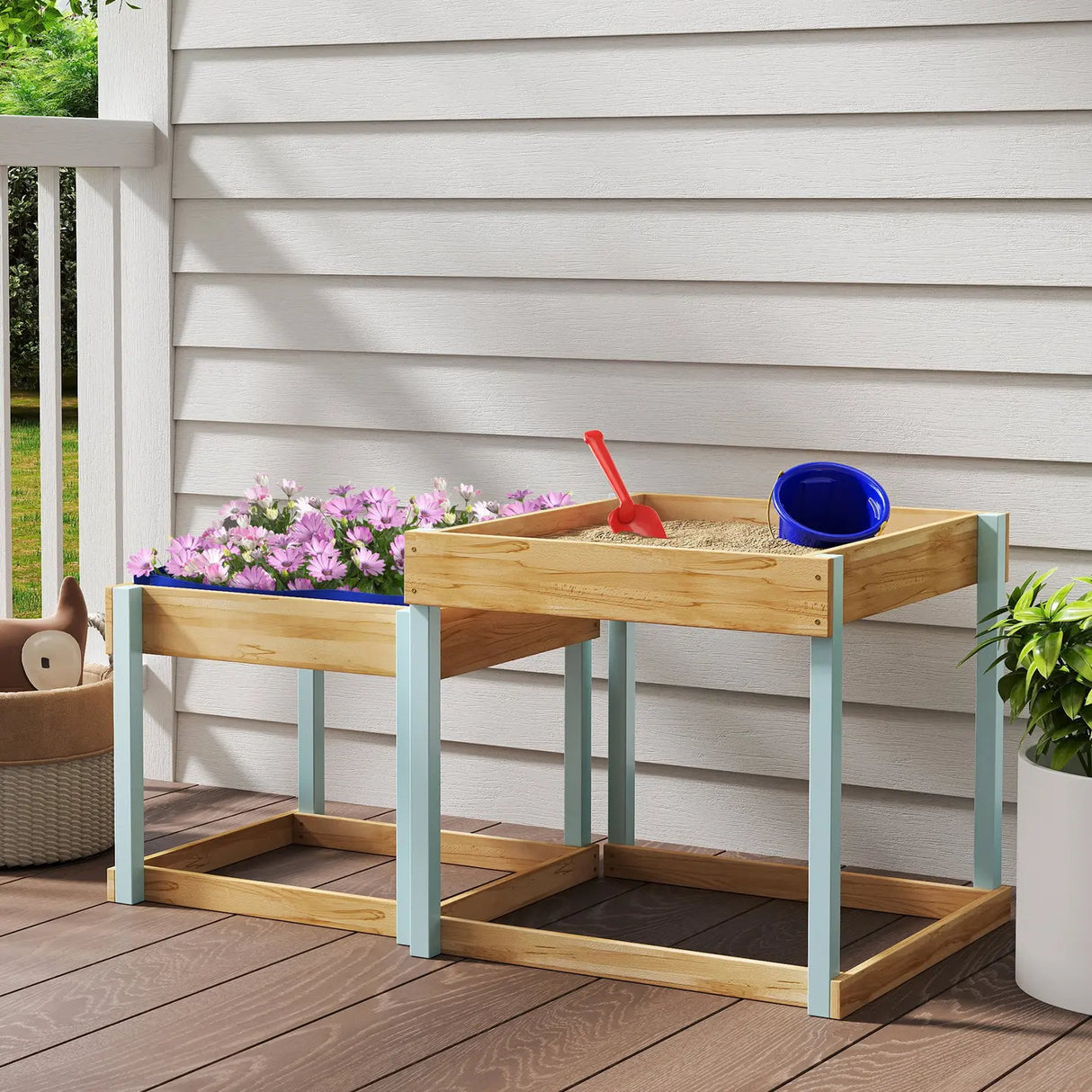 AIYAPLAY 2 PCS Wooden Outdoor Sand and Water Play Tables with Bottom Liner for Kids Aged 3-8 Years Old, Natural Wood Finish