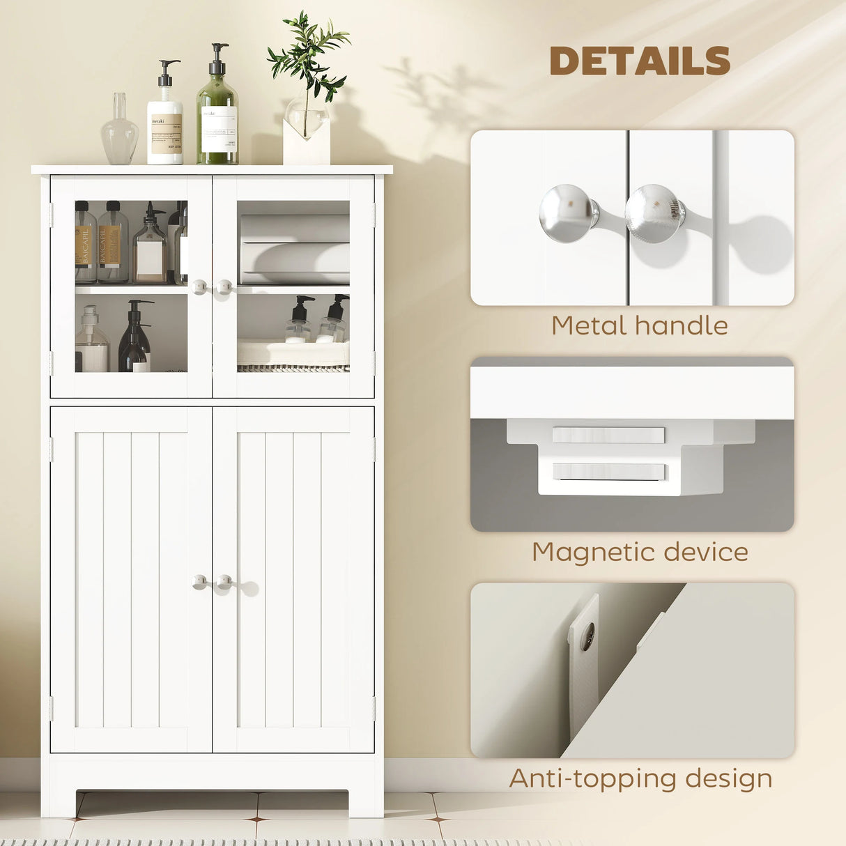 kleankin Bathroom Floor Cabinet, Freestanding Kitchen Cupboard with 2 Drawers, Adjustable Shelves and Tempered Glass Door, Wooden Storage Unit for Living Room Kitchen Hallway