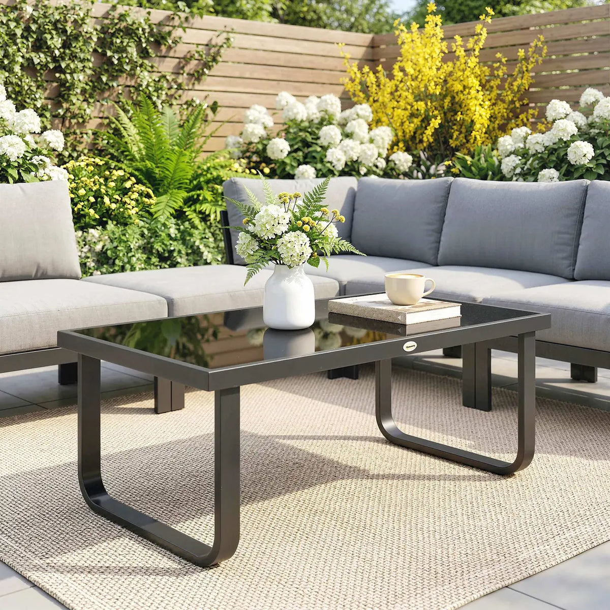 Outsunny Outdoor Garden Coffee Table, Rectangle Metal Side Table with Tempered Glass Tabletop, Adjustable Foot Pads