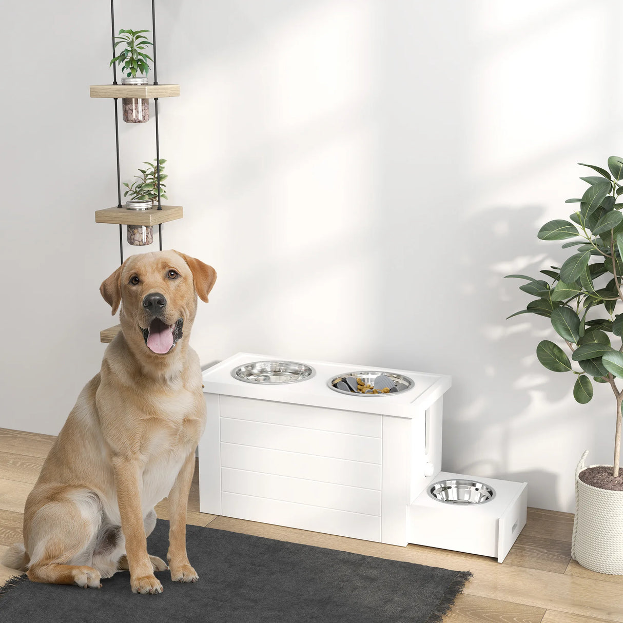 PawHut Raised Dog Bowls w/ Slow Feeder Mat, Storage Cabinet, Three Stainless Steel Bowls, Semi Auto Dispenser Function, White