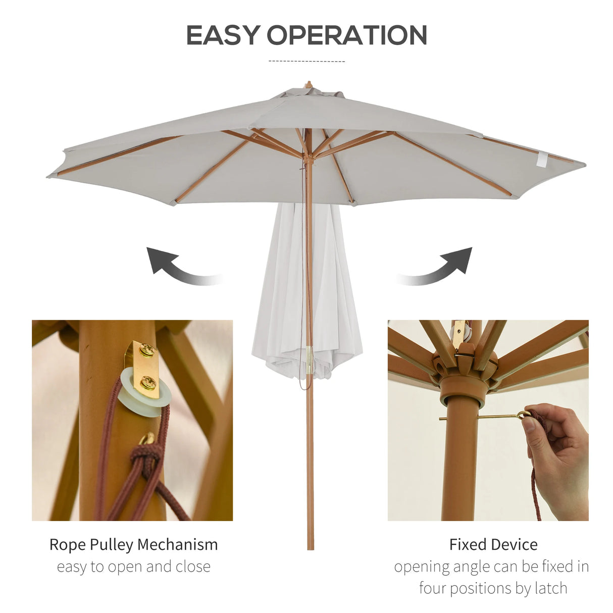 Outsunny 3(m) Garden Parasol, Pulley Operated Patio Umbrella, Wooden Table Market Umbrella with Rope Pulley Mechanism and 8 Ribs, Grey
