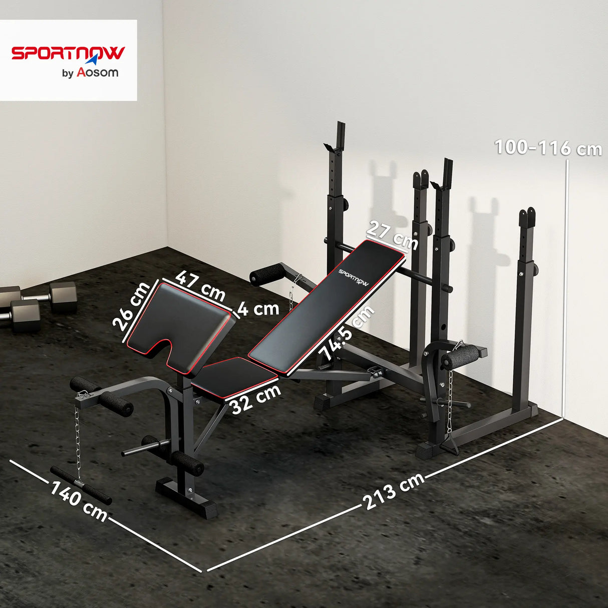 SPORTNOW Weight Bench with Two Barbell Racks, Leg Curl Machine, Preacher Curl Bench, Black