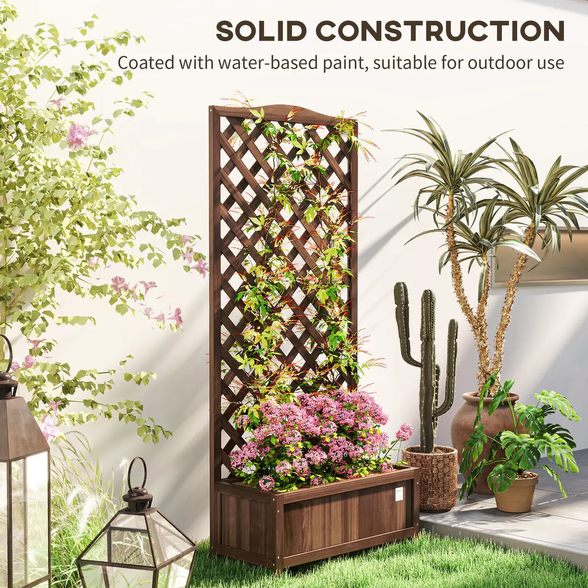 Outsunny 53L Garden Wooden Planter Box with Trellis Free Standing Flower Raised Bed with Lattice for Climbing Plants, 76cm x 36cm x 170cm, Dark Brown