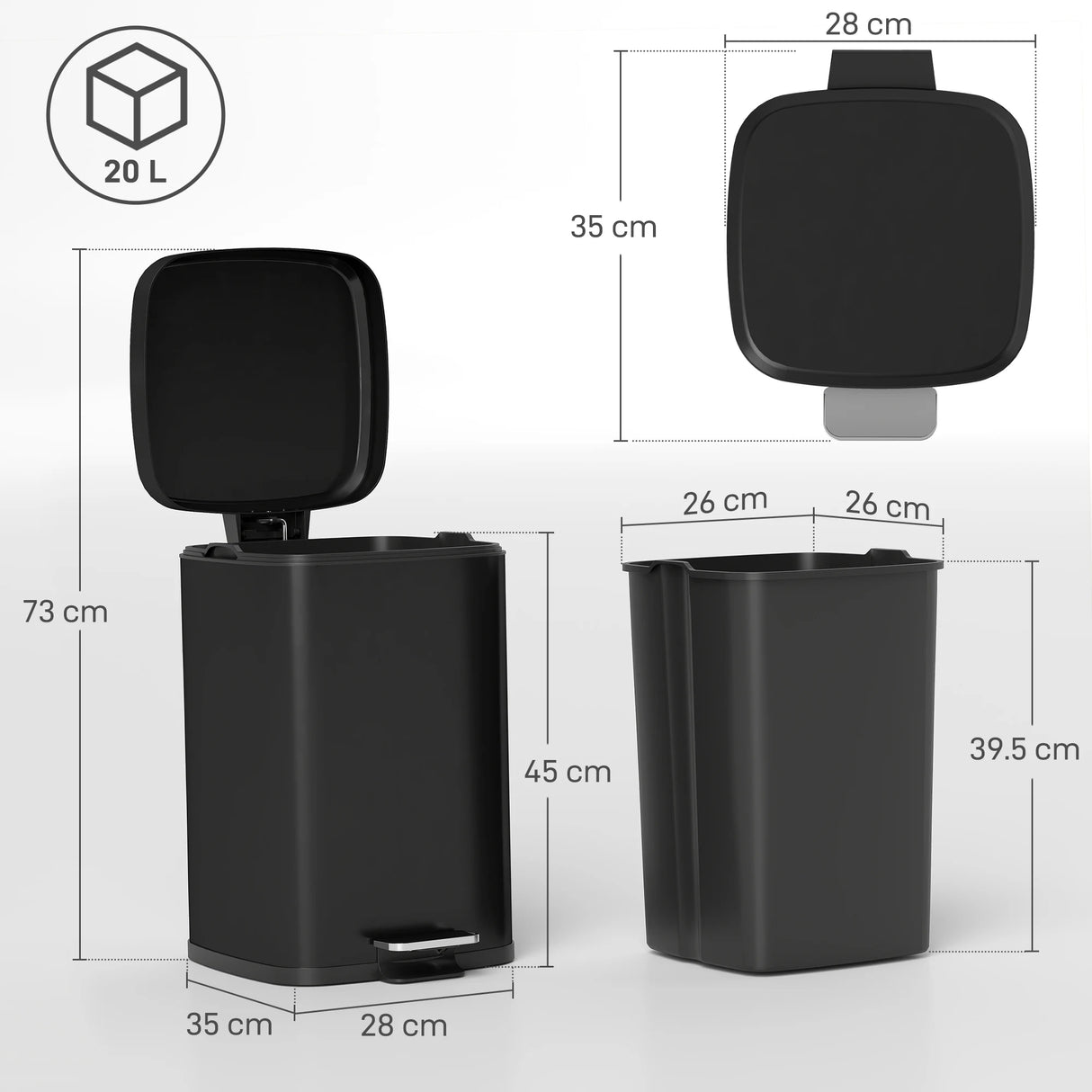 HOMCOM 20L Modern Boxy Metal Home Kitchen Bin - Black