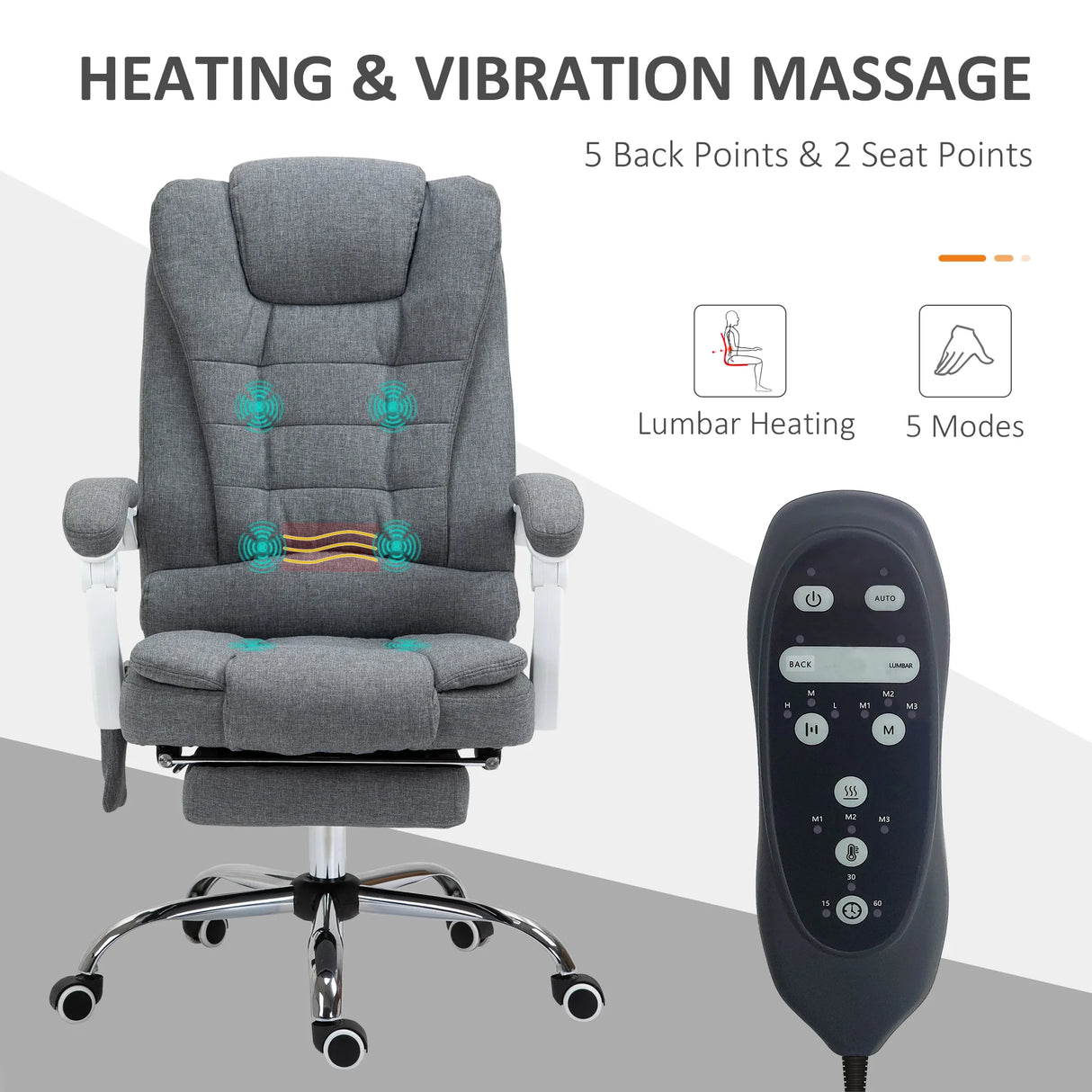Vinsetto Heated 6 Points Vibration Massage Executive Office Chair Adjustable Swivel Ergonomic High Back Desk Chair Recliner with Footrest Grey