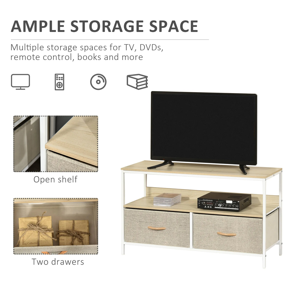 HOMCOM TV Stand Cabinet with 2 Foldable Drawers - Maple Colour