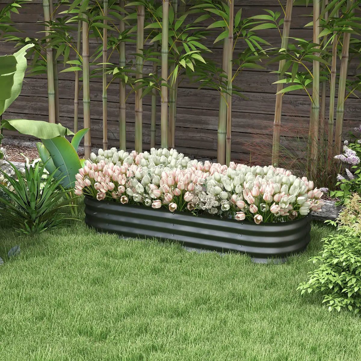 Outsunny Galvanised Raised Garden Bed, Metal Planter Box with Safety Edging, for Flowers, Herbs, Succulents, Dark Grey