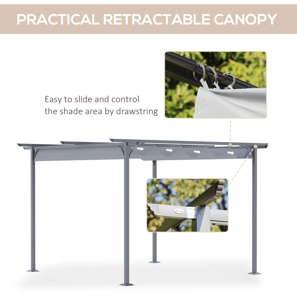 Outsunny 3.5 Sliding Pergola Canopy Metal Pergola Retractable Canopy for Garden Shade, Grey