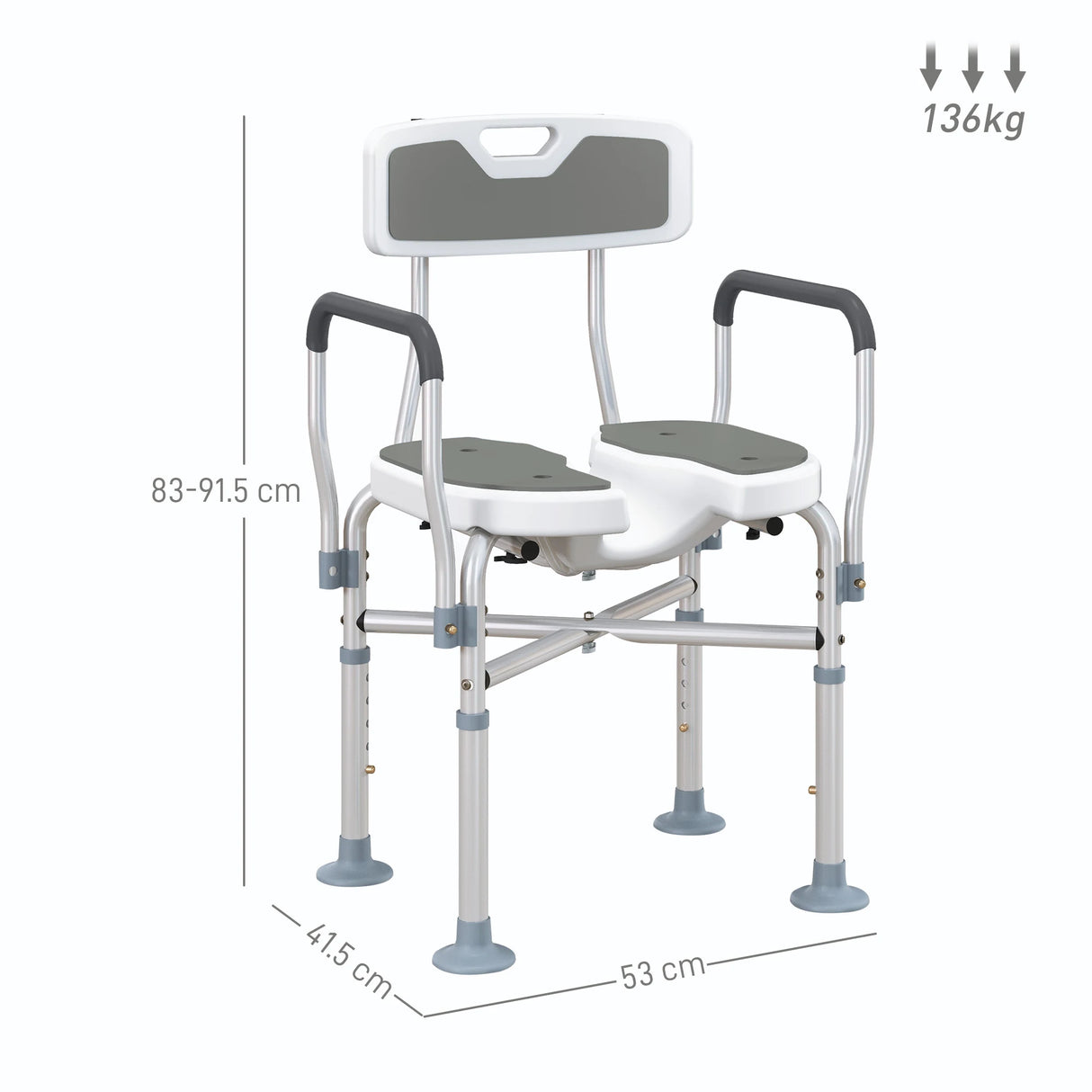 HOMCOM Shower Chair with Hygiene Cut-Out Seat and Reinforced Crossbars, Height Adjustable Padded Bath Chair with Non-slip Feet for Elderly Seniors Disabled Handicap, Tool-Free Assembly, Grey
