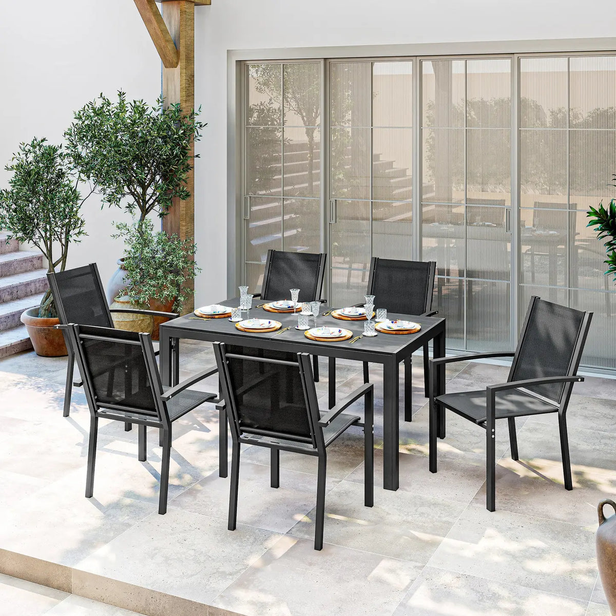 Outsunny Seven-Piece Garden Dining Set, with Plastic Wood-Top Table - Black