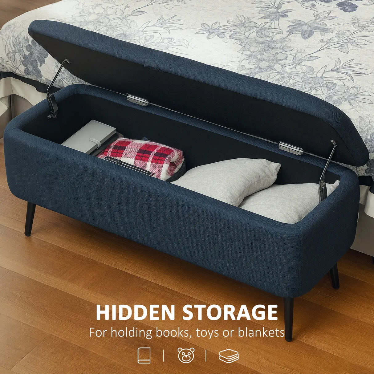 HOMCOM 92 x 31cm Linen-Look Storage Ottoman - Dark Blue
