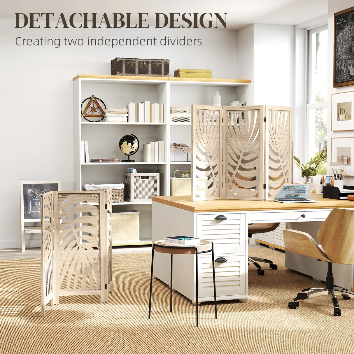 HOMCOM 3 Panel Room Divider, Detachable Folding Privacy Screens with Palm Leaf Design for Home Office, Natural Wood Finish