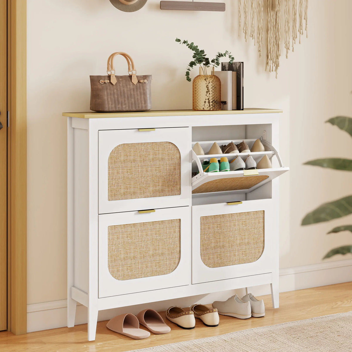 HOMCOM Narrow Shoe Cabinet, Boho Slim Shoe Storage Cabinet with 4 Flip Drawers, Holds 20 Pairs, White