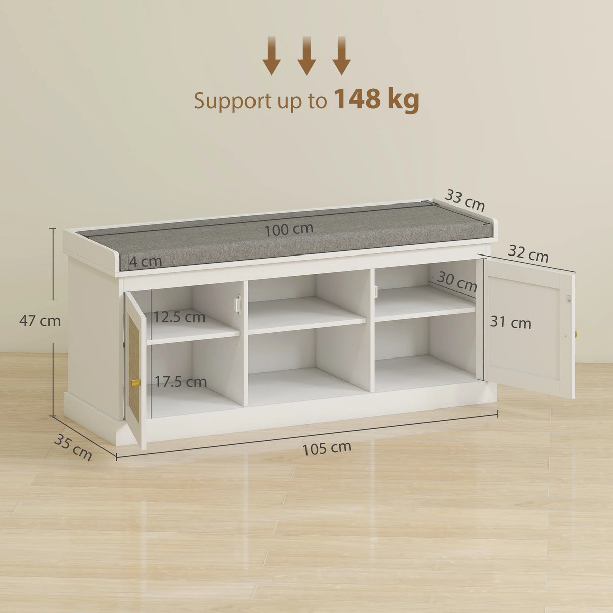 HOMCOM Boho Shoe Storage Bench with Padded Cushion and Rattan Doors - White