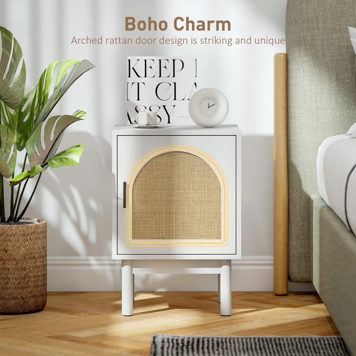 HOMCOM Rattan Bedside Table for Bedroom - White