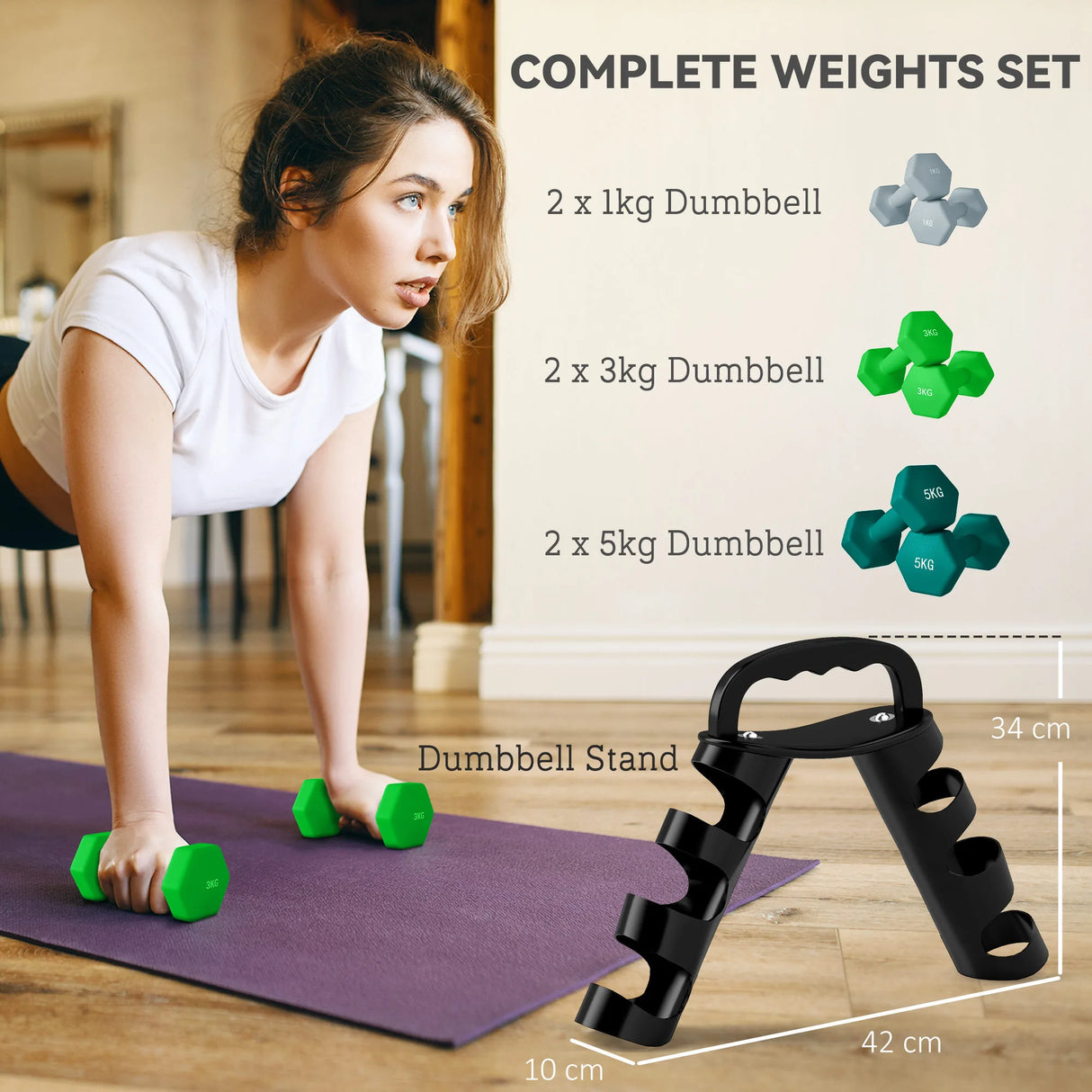 SPORTNOW Dumbbells Set with Storage Rack, 2 x 1kg, 2 x 3kg, 2 x 5kg, Grey