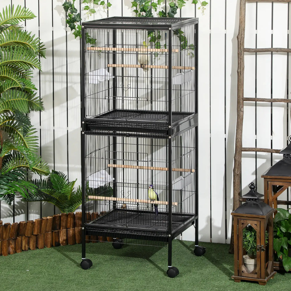 PawHut Bird Cage Budgie Cage 2 In 1 Large Aviary with Wheels Removable Trays for Finch Canaries Cockatiels Black