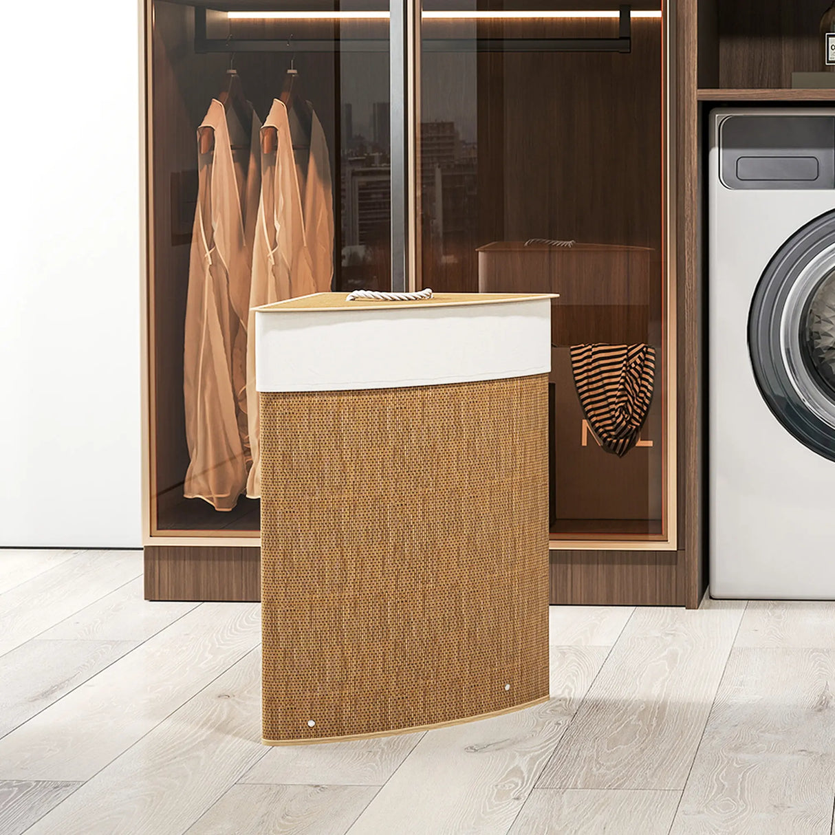 HOMCOM Bamboo Laundry Basket with Lid, 55L Corner Laundry Hamper with Removable Washable Liner Bag, Bathroom Triangle Washing Basket, 35 x 35 x 60 cm, Brown