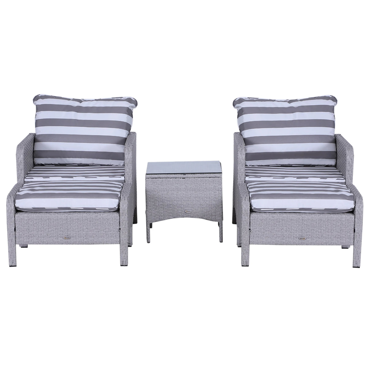 Outsunny 5 Pieces PE Rattan Garden Furniture Set with 10cm Thick Padded Cushions, Wicker Weave Outdoor Seating Chairs with 2 Armchairs, 2 Stools, Glass Top Table, Grey and White