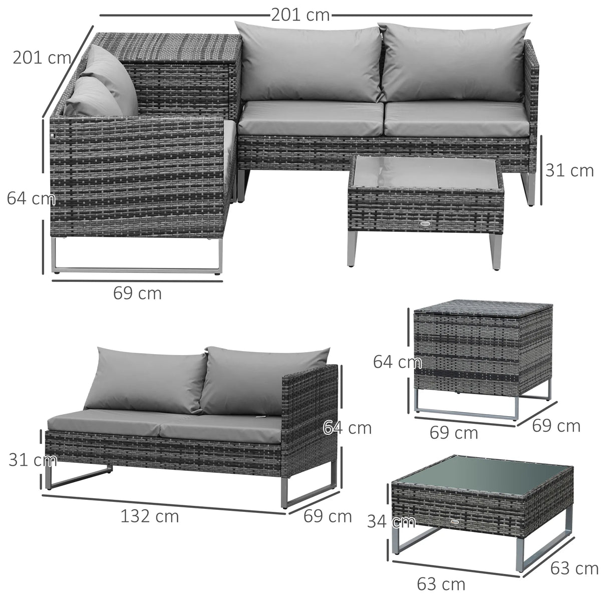 Outsunny 4pc Garden Rattan Wicker Outdoor Furniture Patio Corner Sofa Love Seat and Table Set with Cushions Side Desk Storage, Mixed Grey