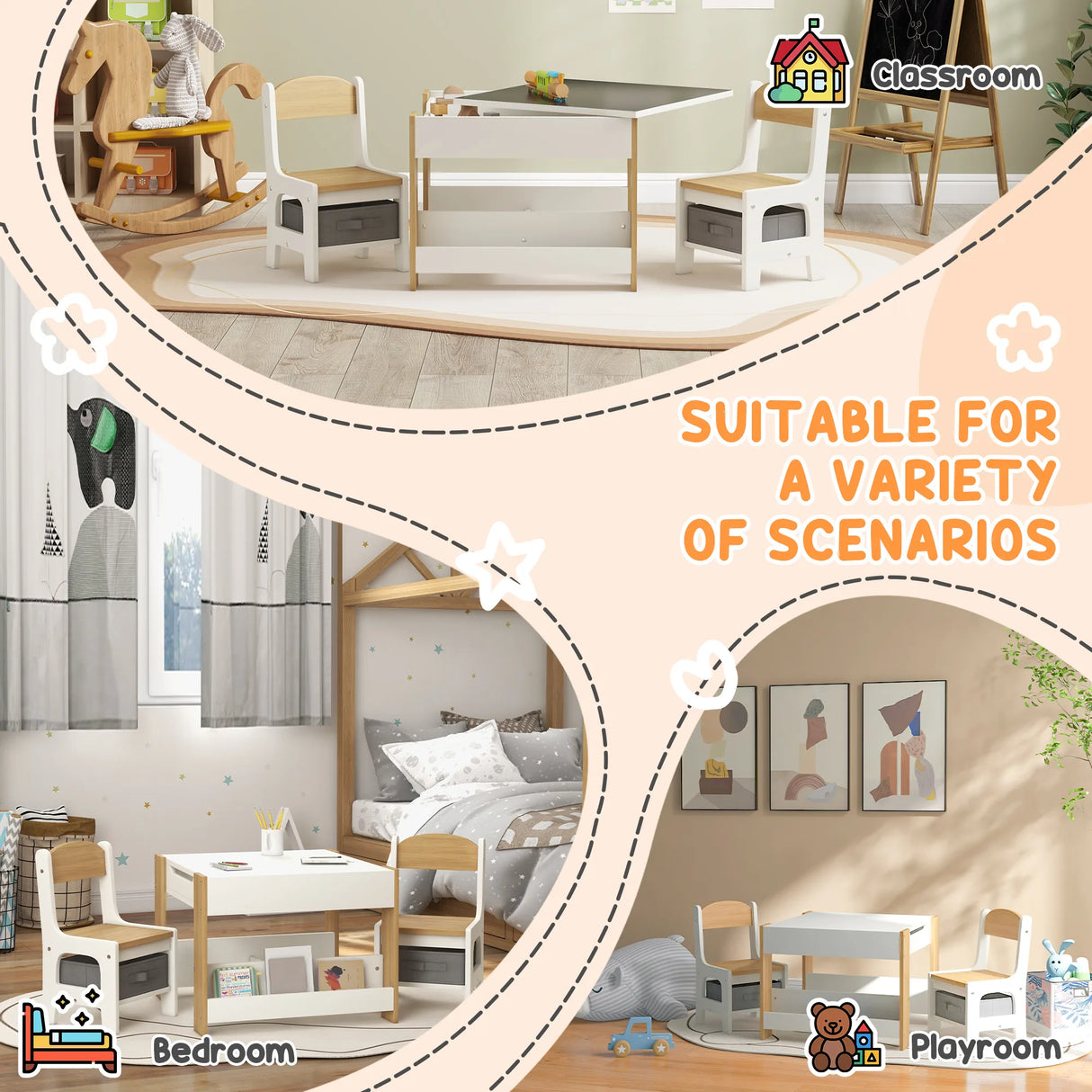 HOMCOM Three-Piece Kids Table and Chair Set with Blackboard, Storage, Bookshelves - Natural Wood