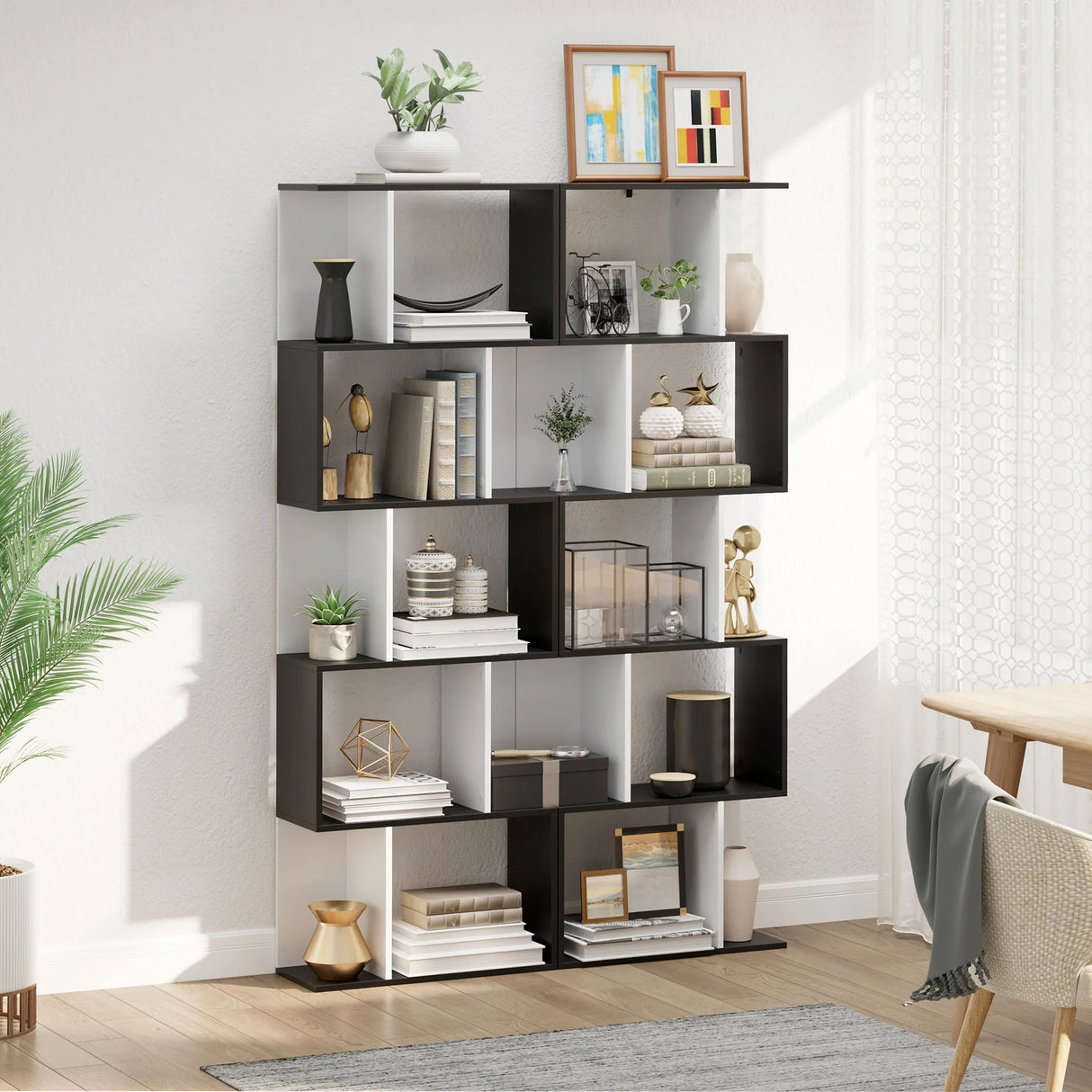 HOMCOM Bookcase, S-Shaped Wooden Bookshelf, 5/6 Tiers Freestanding Storage Shelf, Home Office Decorative Display Stand Rack, Black and White, 24D x 60W x 184.5H
