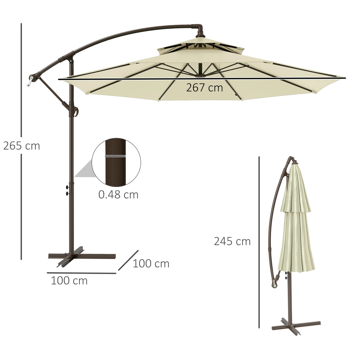 Outsunny 2.7m Garden Banana Parasol Cantilever Umbrella with Crank Handle, Double Tier Canopy and Cross Base for Outdoor, Hanging Sun Shade, Beige