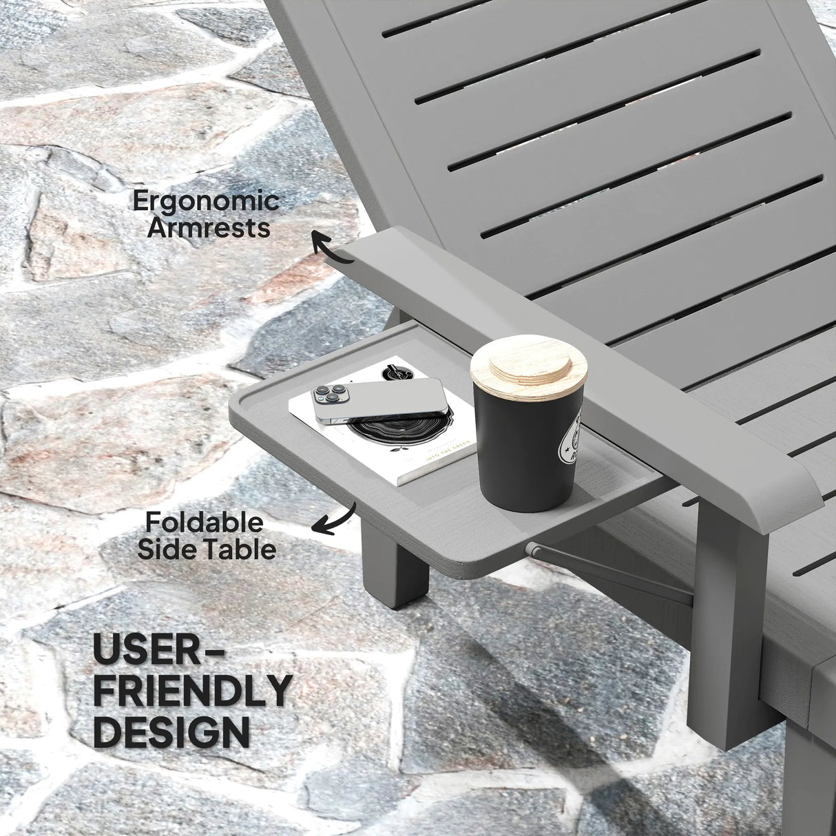 Outsunny Set of 2 Resin Reclining Sun Loungers for Garden, 5 Positions Adjustable Outdoor Chaise Lounge Chairs with Wood Texture Surface, Armrests, Foldable Side Table for Garden, Beach, Dark Grey