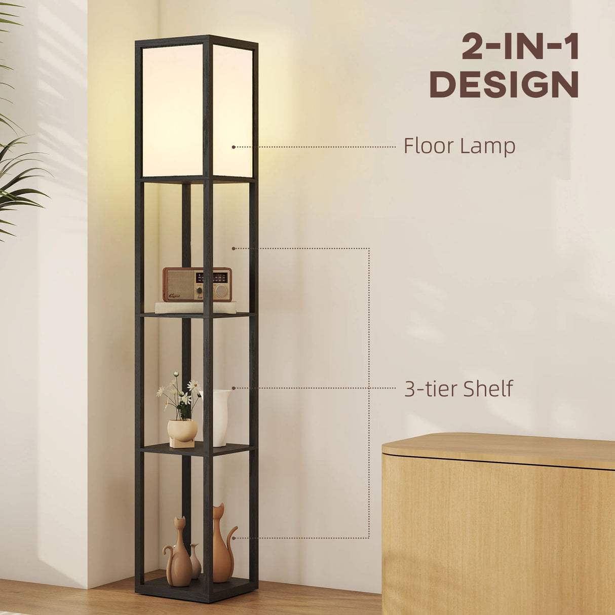 HOMCOM Floor Lamp with Shelves, 3 Layer Column Modern Standing Lamp for Living Room, Bedroom, Office, Bulb not Included, Black
